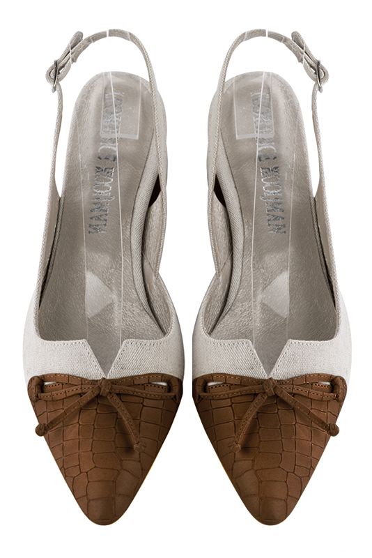 Caramel brown and natural beige women's open back shoes, with a knot. Tapered toe. Low flare heels. Top view - Florence KOOIJMAN